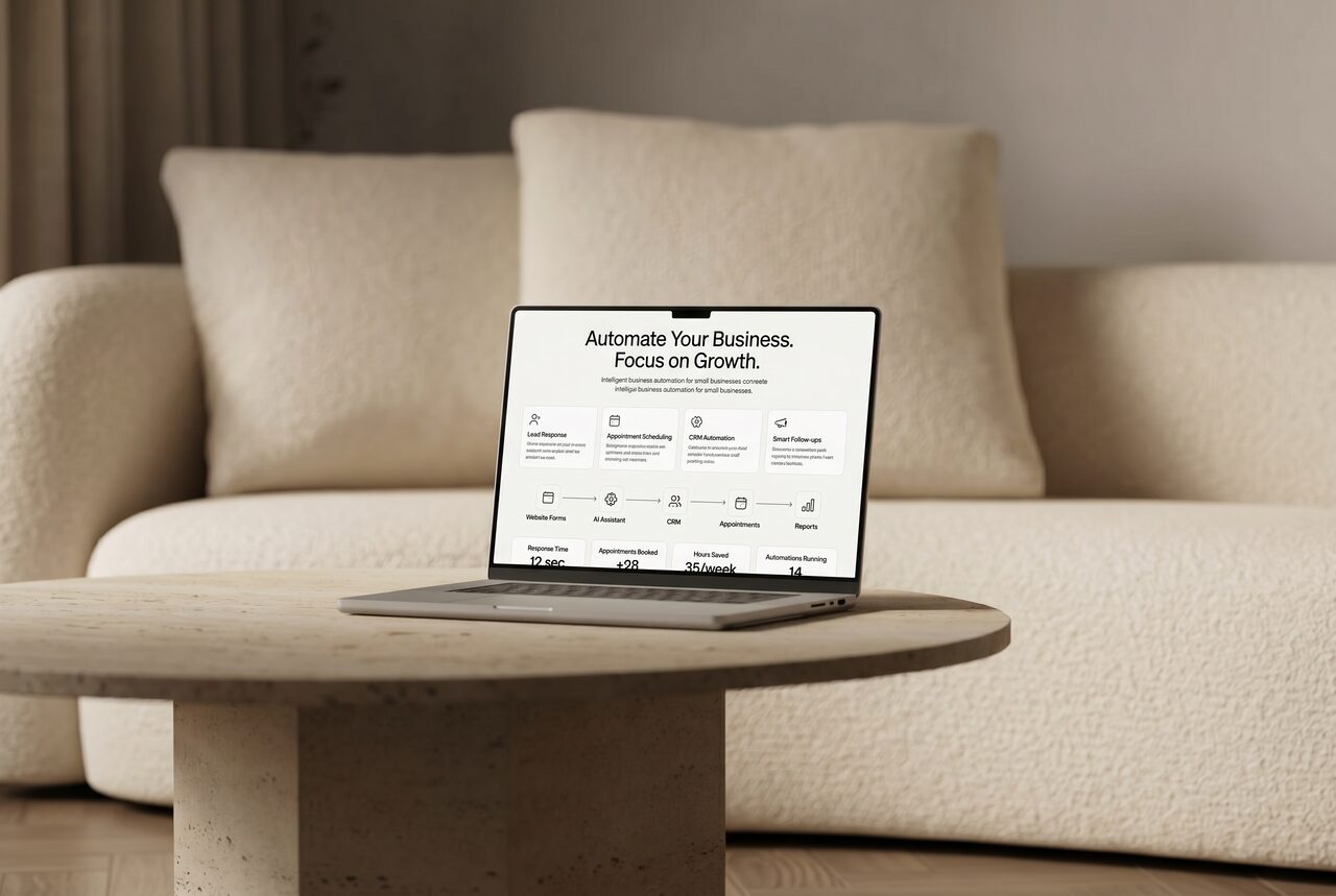 Laptop on a stone coffee table showing a business automation dashboard with lead response, scheduling, and CRM workflow cards