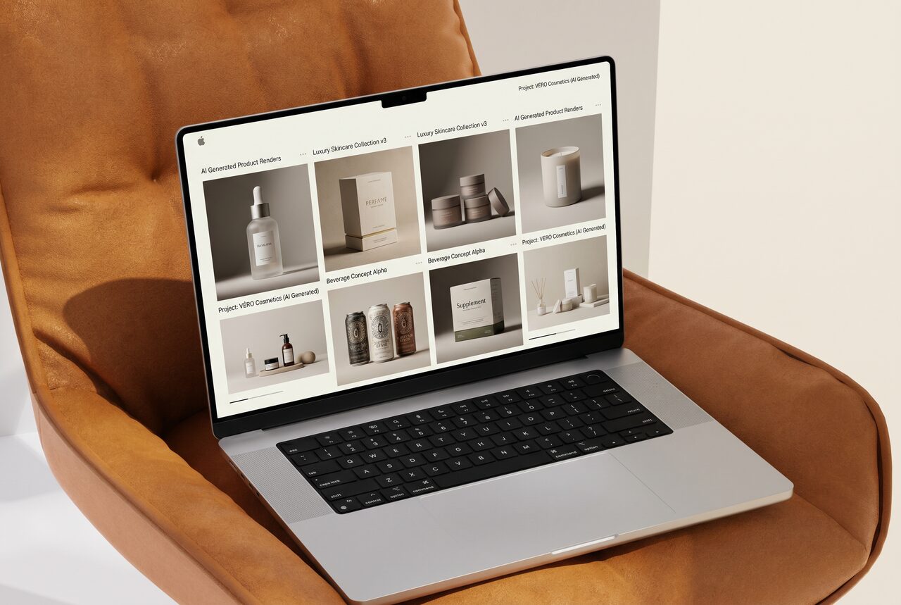 Laptop on a leather chair showing a grid of AI generated product renders for skincare, beverage, and supplement brands