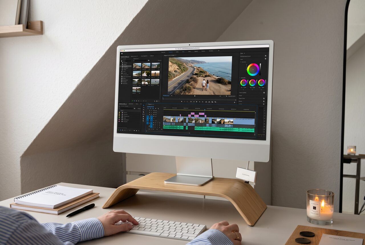 Editing a motion graphics timeline on a desktop monitor in a bright studio