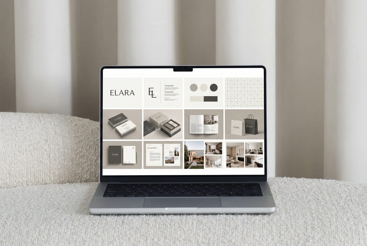 Laptop showing a complete brand identity board with logo, typography, colors and packaging
