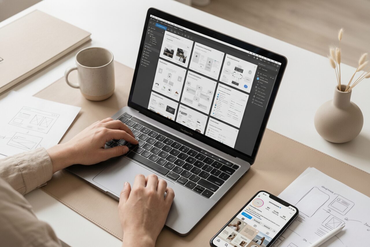 Developer building a custom product interface on a laptop at a bright desk