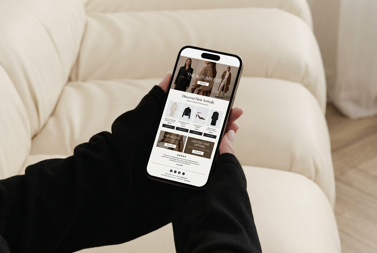 Hands holding a phone showing a branded fashion email campaign