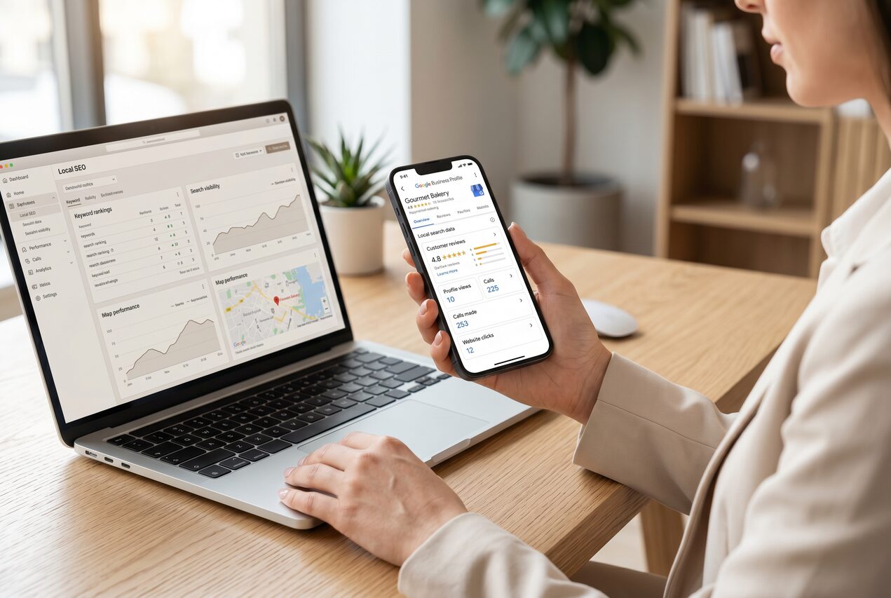 Local map pack results with five-star ratings shown on a phone in West Palm Beach