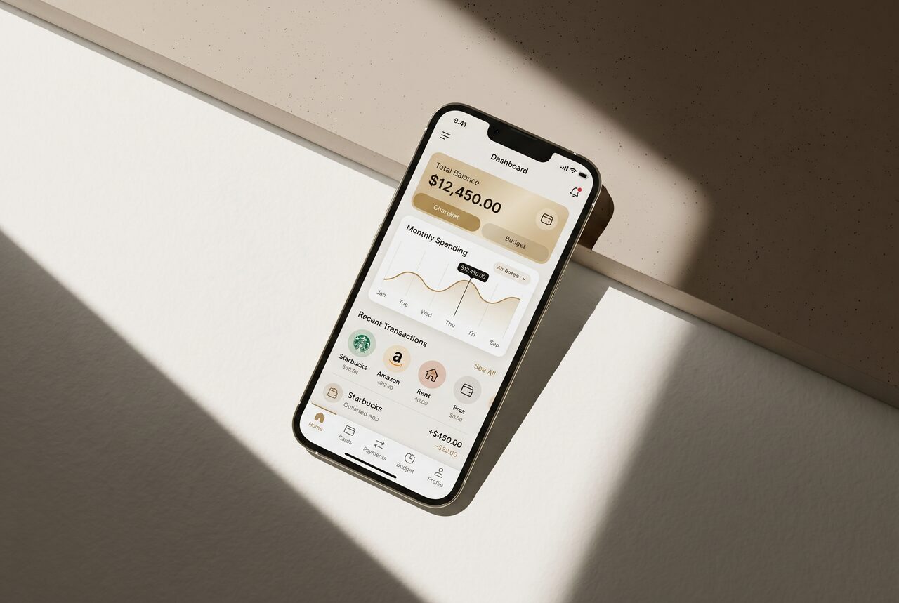 Smartphone showing a finance app dashboard with balance and spending charts