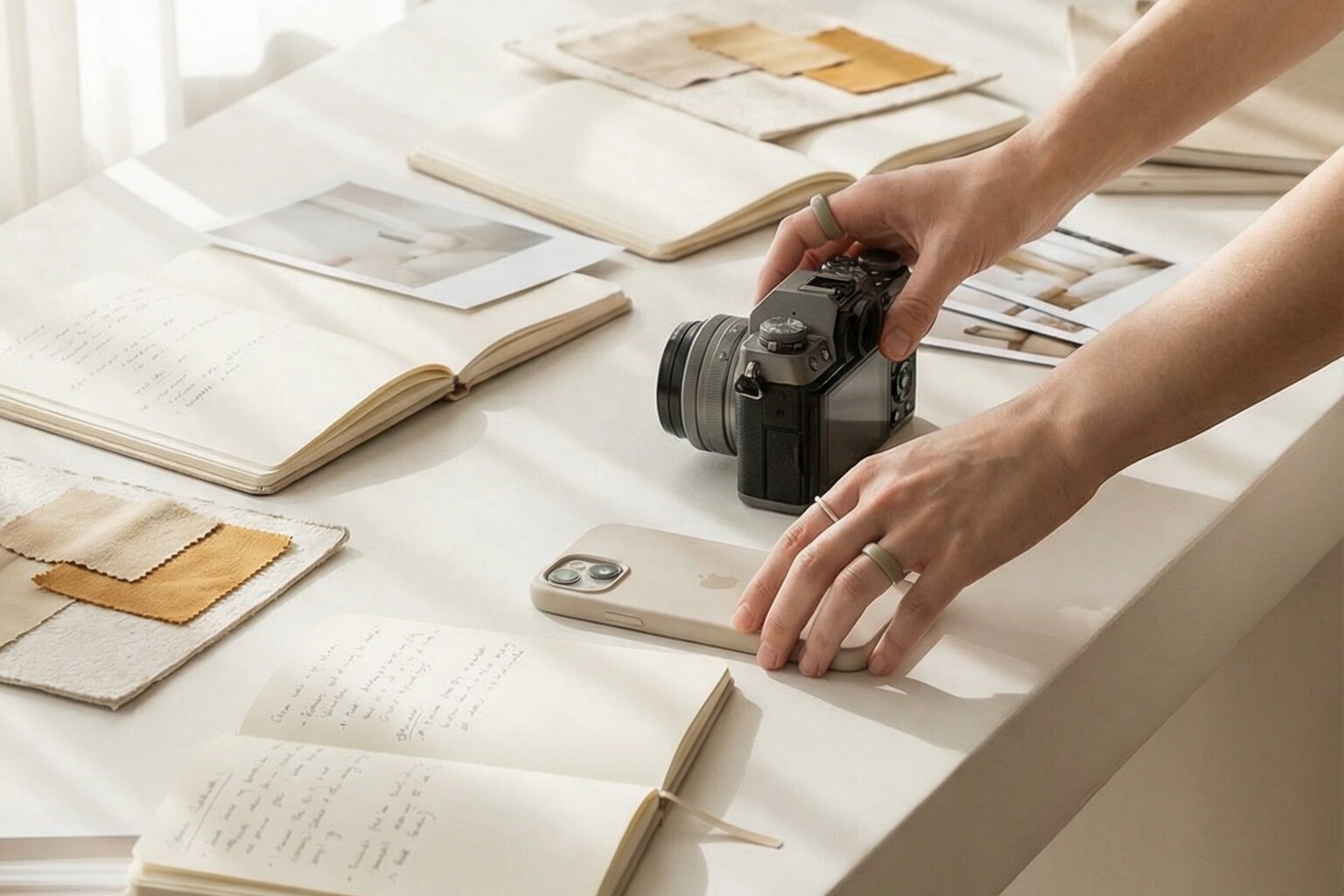 Hands arranging a camera and phone on a bright table during a brand photography session