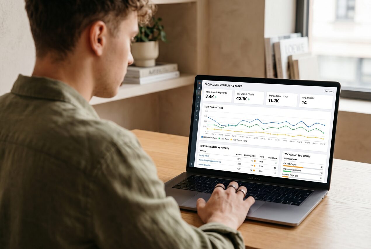 SEO performance graph rising on screen at our West Palm Beach studio