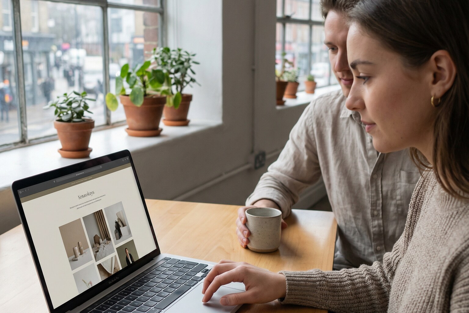 Two people reviewing a Shopify storefront design on a laptop by a bright window