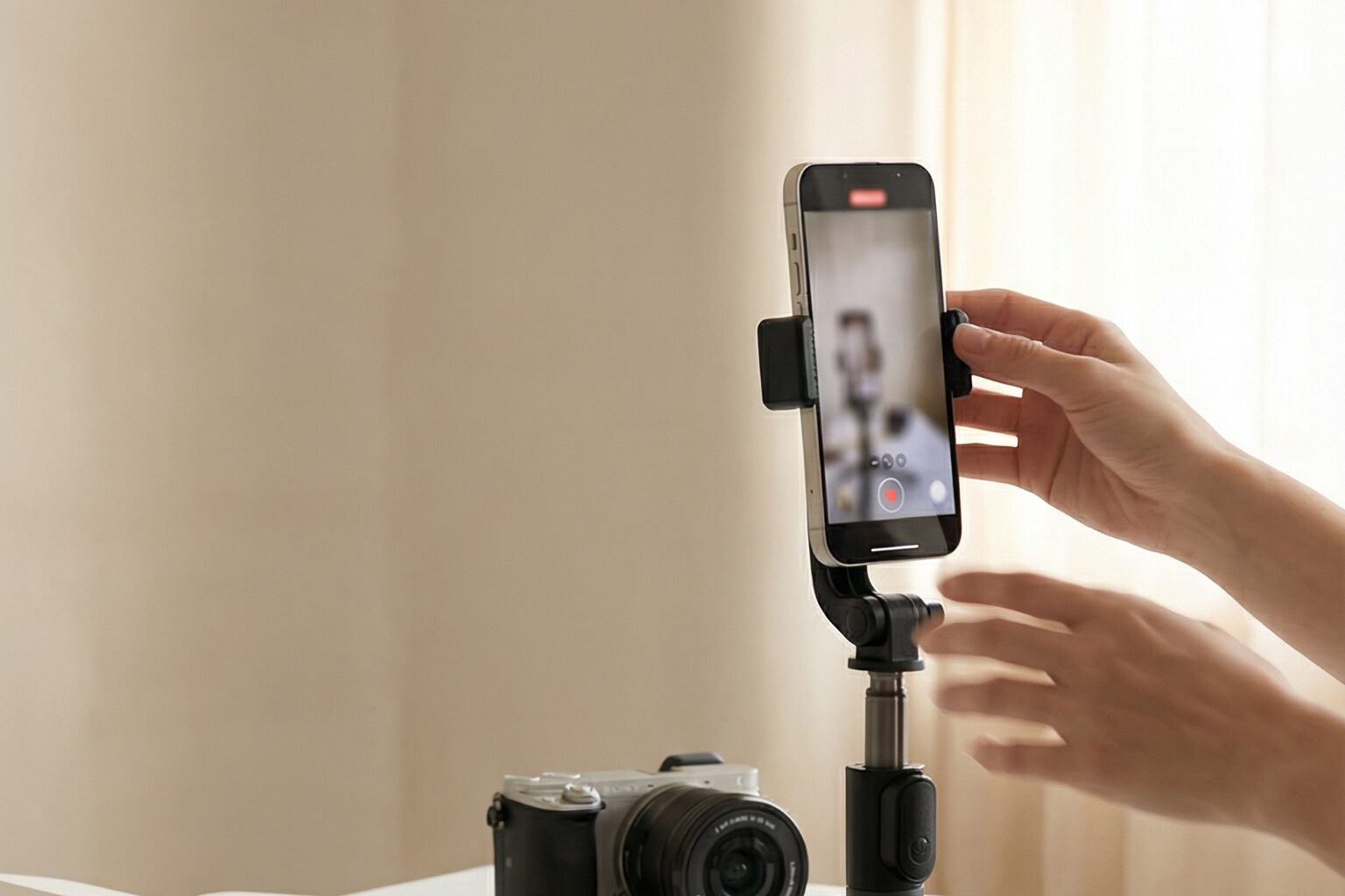 Hands adjusting a phone on a tripod next to a camera during a brand video shoot